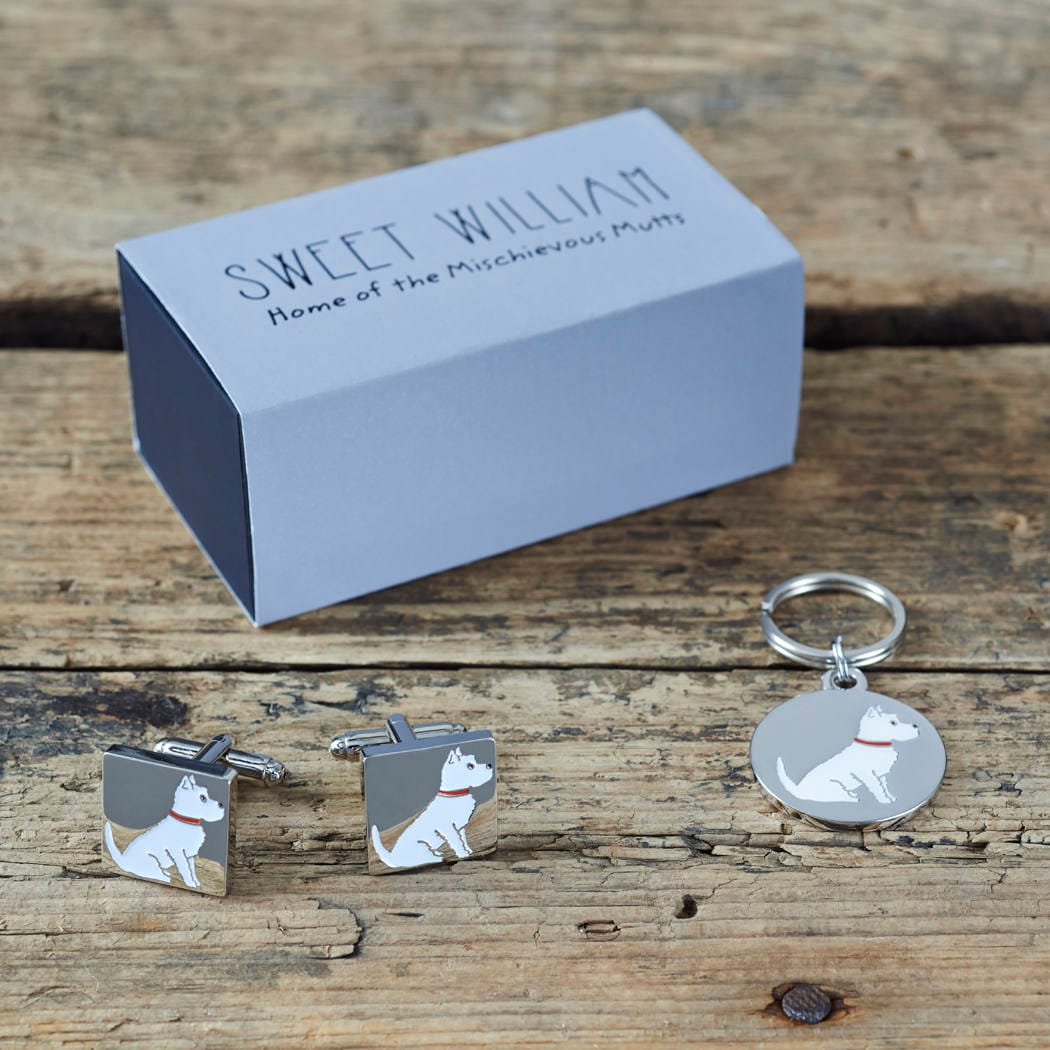 Westie cufflinks and dog tag set with Sweet William Designs gift box — silver-plated Daddy & Me gift for West Highland Terrier owners