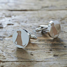 Pair of Yellow Labrador cufflinks on rustic wood — silver-plated with illustrated Yellow Lab design, T-bar fastening, dog lover gift