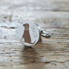 Close-up of personalised Chocolate Labrador cufflink engraved with name — silver-plated brass, thoughtful gift for Chocolate Lab owners