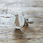Close-up of personalised Yellow Labrador cufflink engraved with name — silver-plated brass, thoughtful gift for Yellow Lab owners