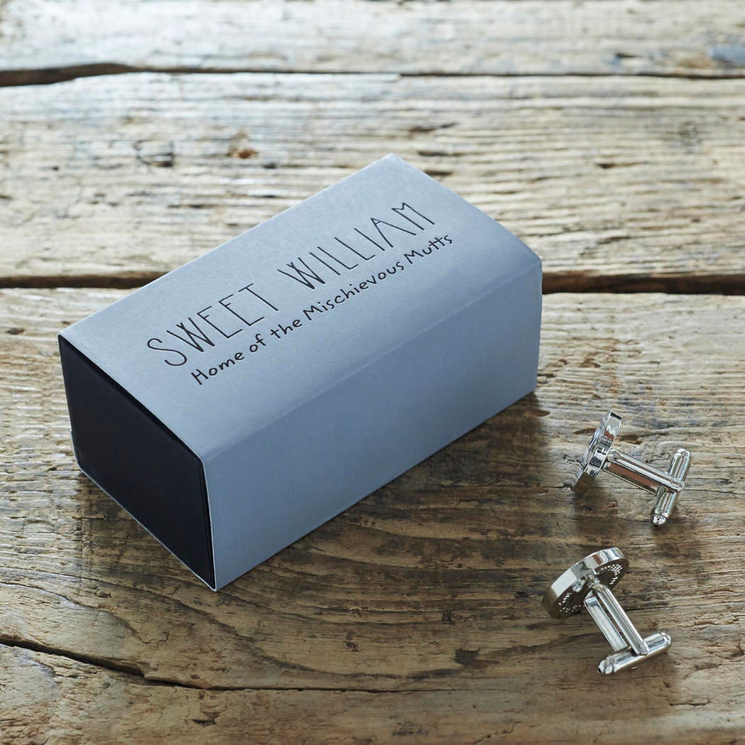 Silver-plated dog cufflinks with Sweet William Designs gift box — personalised dog lover gift, perfect for dog owners