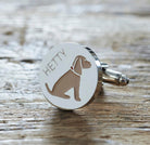 Close-up of personalised Golden Cocker Spaniel cufflink engraved with name — silver-plated brass, thoughtful gift for Cocker Spaniel owners