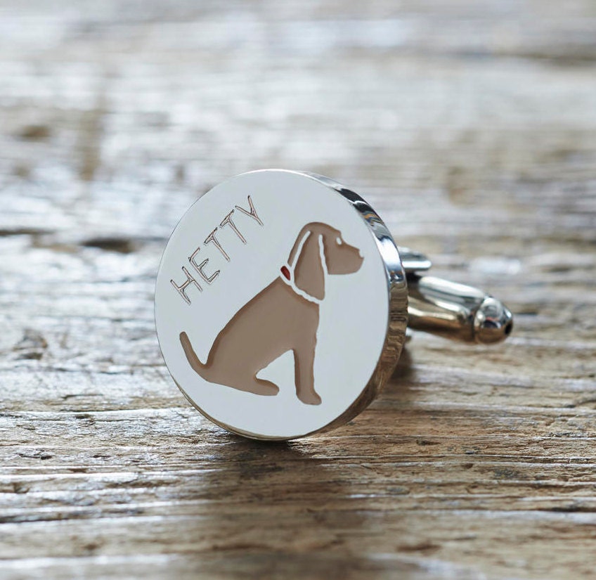 Close-up of personalised Golden Cocker Spaniel cufflink engraved with name — silver-plated brass, thoughtful gift for Cocker Spaniel owners