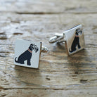 Black Schnauzer cufflinks on rustic wood — silver-plated with illustrated Black Schnauzer design, dog lover gift by Sweet William Designs