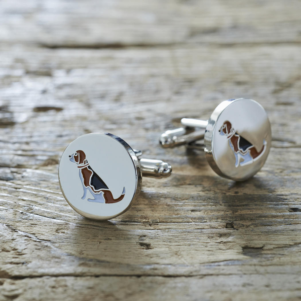 Beagle cufflinks on rustic wood — silver-plated with illustrated Beagle design, dog lover gift by Sweet William Designs