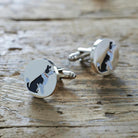 Border Collie cufflinks on rustic wood — silver-plated with illustrated Border Collie design, dog lover gift by Sweet William Designs