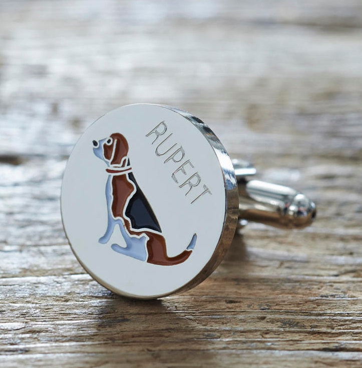 Close-up of personalised Beagle cufflink engraved with name — silver-plated brass, thoughtful gift for Beagle owners