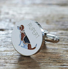 Close-up of personalised Beagle cufflink engraved with name — silver-plated brass, thoughtful gift for Beagle owners