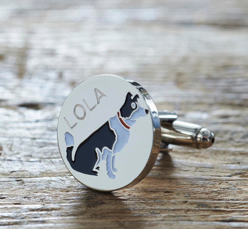 Close-up of personalised Border Collie cufflink engraved with name — silver-plated brass, thoughtful gift for Border Collie owners