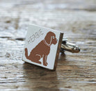 Close-up of personalised Chocolate Cockapoo / Labradoodle cufflink engraved with name — silver-plated brass, thoughtful gift for Cockapoo owners