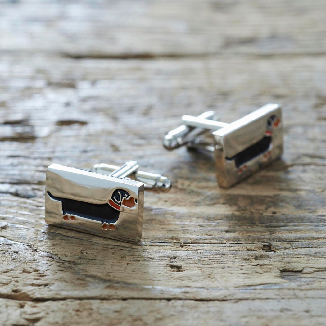 Dachshund cufflinks on rustic wood — silver-plated rectangular cufflinks with illustrated black & tan Dachshund design, dog lover gift by Sweet William Designs