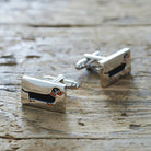 Dachshund cufflinks on rustic wood — silver-plated rectangular cufflinks with illustrated black & tan Dachshund design, dog lover gift by Sweet William Designs