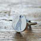 Close-up of personalised Dalmatian cufflink engraved with name — silver-plated round cufflinks, thoughtful gift for Dalmatian owners
