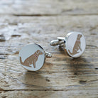 Golden Retriever cufflinks on rustic wood — silver-plated with illustrated Golden Retriever design, dog lover gift by Sweet William Designs