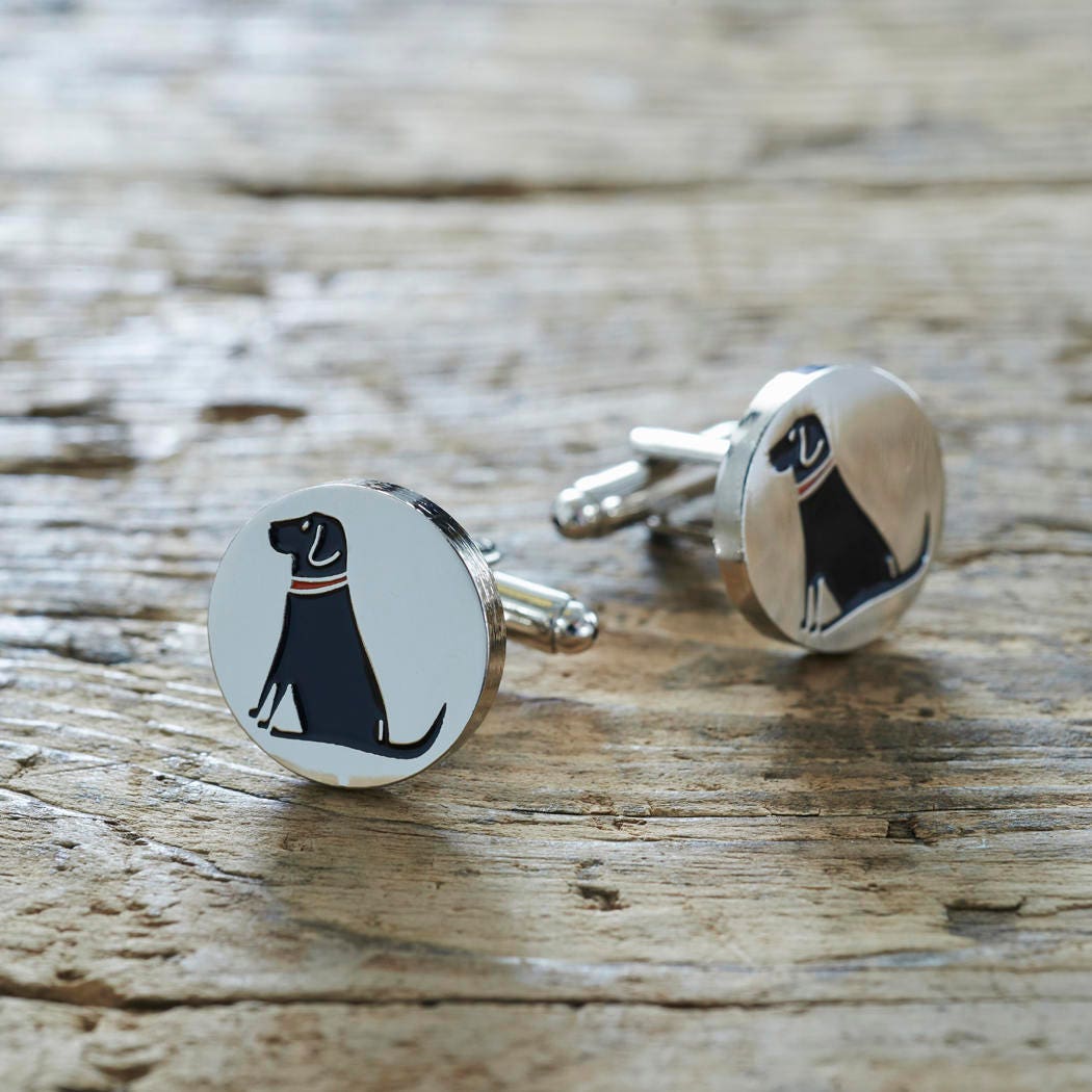 Black Labrador cufflinks on rustic wood — silver-plated with illustrated Black Lab design, dog lover gift by Sweet William Designs