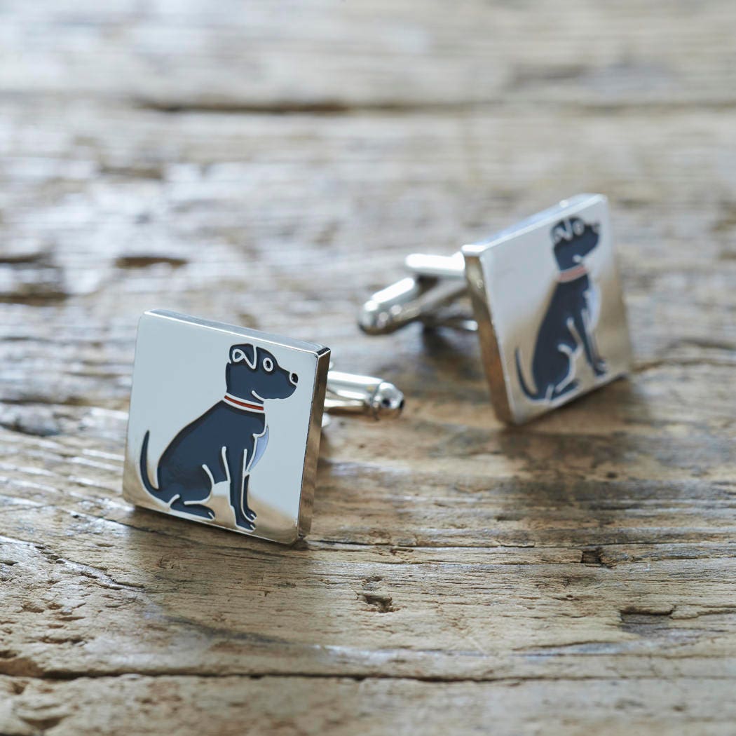 Staffie cufflinks on rustic wood — silver-plated with illustrated Staffordshire Bull Terrier design, dog lover gift by Sweet William Designs