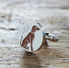 Close-up of personalised Vizsla cufflink engraved with name — silver-plated brass, thoughtful gift for Vizsla owners