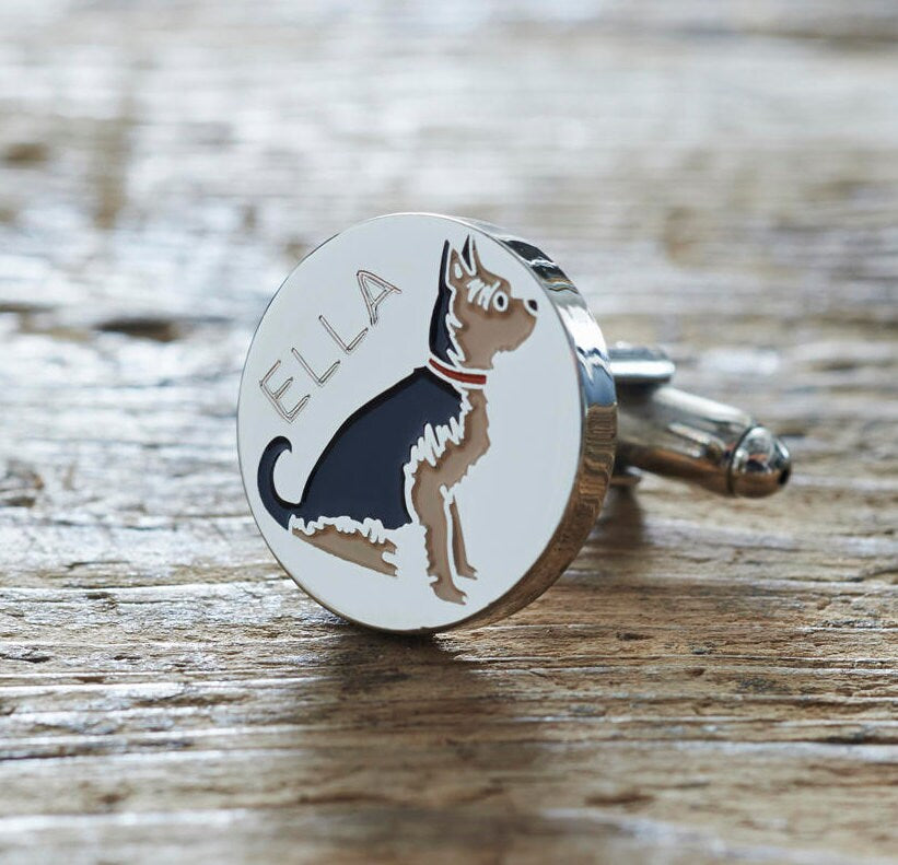 Close-up of personalised Yorkshire Terrier cufflink engraved with name — silver-plated brass, thoughtful gift for Yorkie owners
