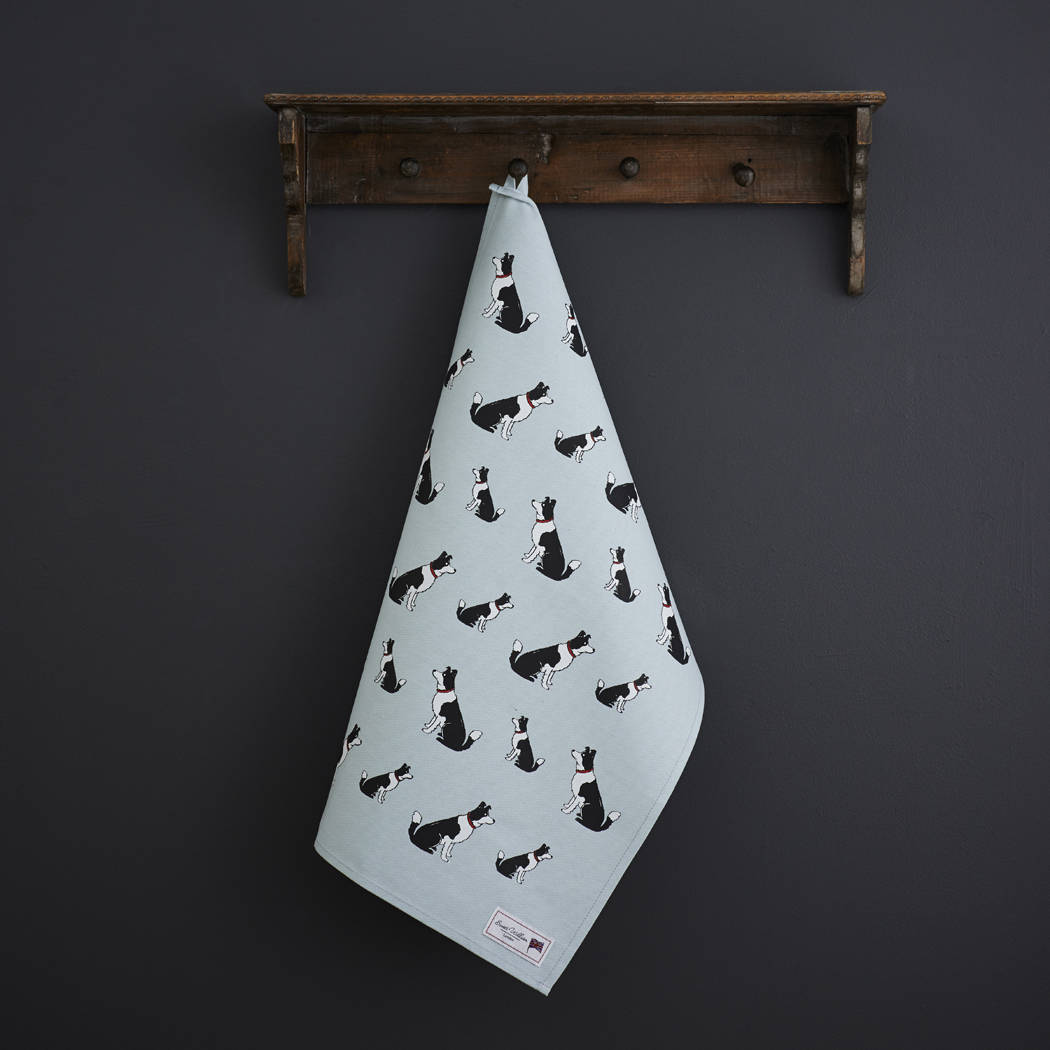 Border Collie tea towel in thick organic cotton — screen printed Border Collie illustration, kitchen gift for dog lovers by Sweet William Designs