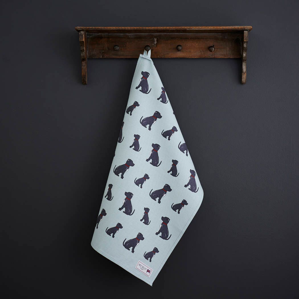 Staffie tea towel in thick organic cotton — screen printed Staffie illustration, kitchen gift for dog lovers by Sweet William Designs