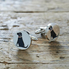 Pair of Black Labrador cufflinks on rustic wood — silver-plated with illustrated Black Lab and red collar, T-bar fastening, dog lover gift
