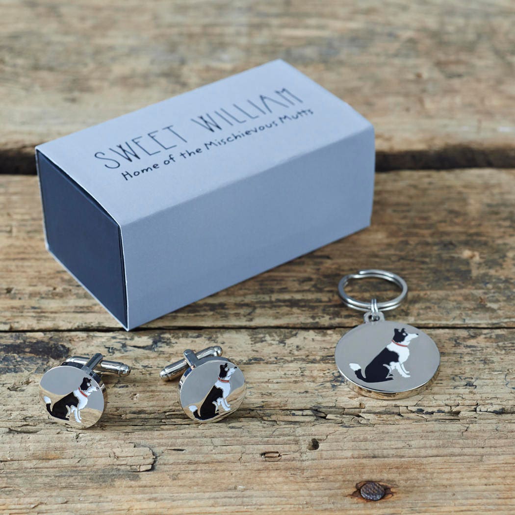 Border Collie cufflinks and dog tag set with Sweet William Designs gift box — silver-plated Daddy & Me gift for Border Collie owners
