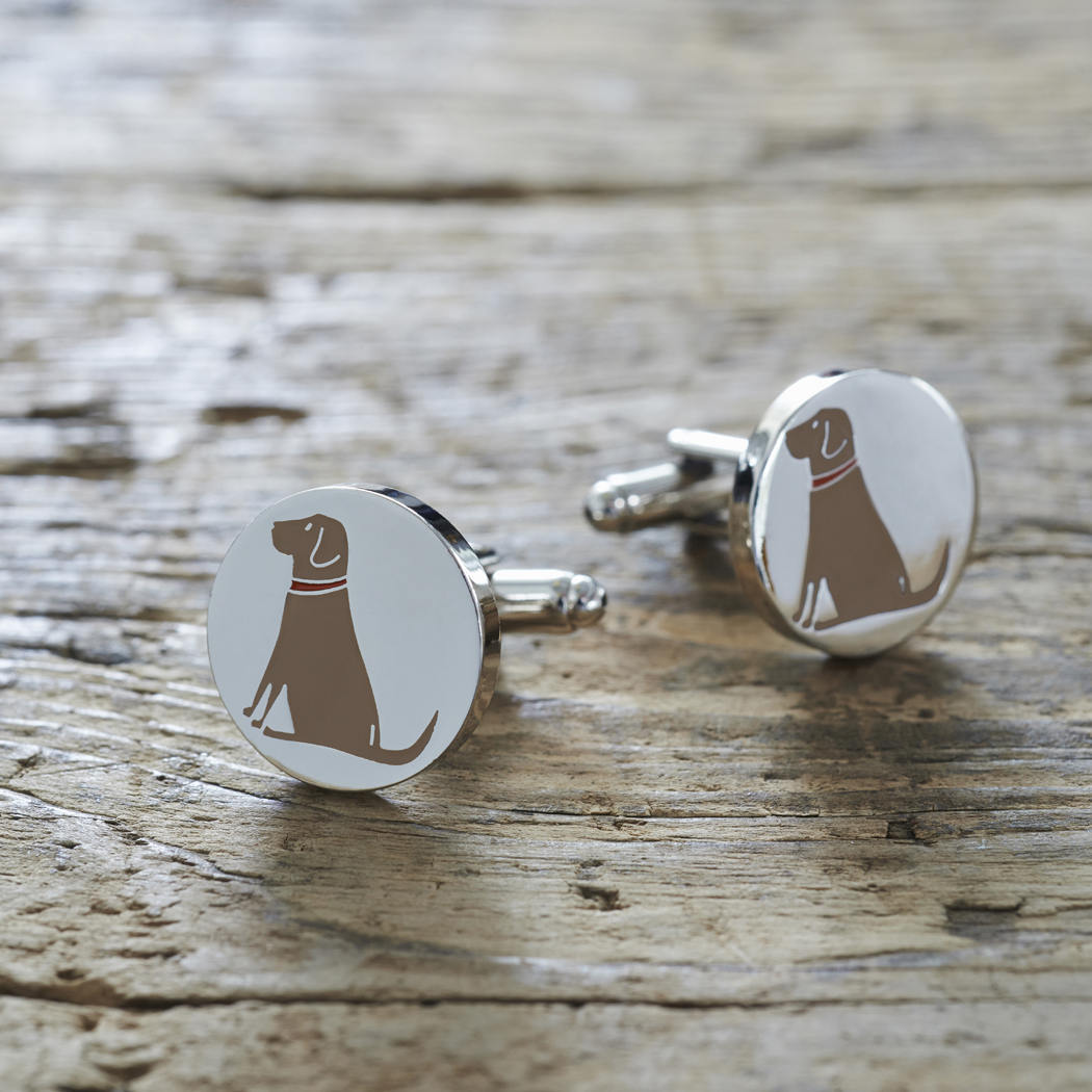 Pair of Chocolate Labrador cufflinks on rustic wood — silver-plated with illustrated Chocolate Lab and red collar, T-bar fastening, dog lover gift
