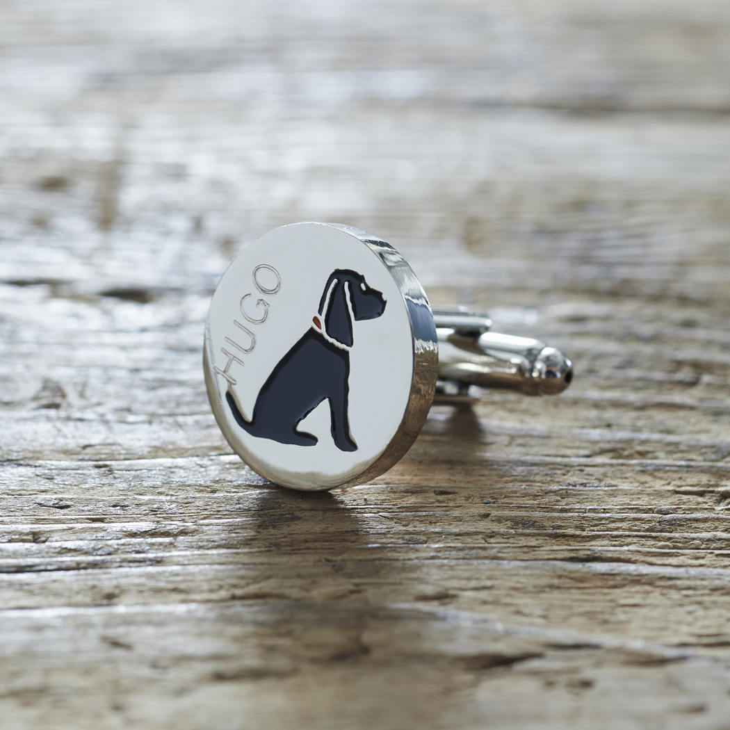 Close-up of personalised Black Cocker Spaniel cufflink engraved with name on rustic wood — silver-plated gift for Cocker Spaniel owners