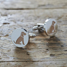 Pair of Golden Cocker Spaniel cufflinks on rustic wood — silver-plated with illustrated Golden Cocker Spaniel and red collar, T-bar fastening, dog lover gift