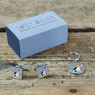 Jack Russell cufflinks and dog tag set with Sweet William Designs gift box — silver-plated Daddy & Me gift for Jack Russell owners