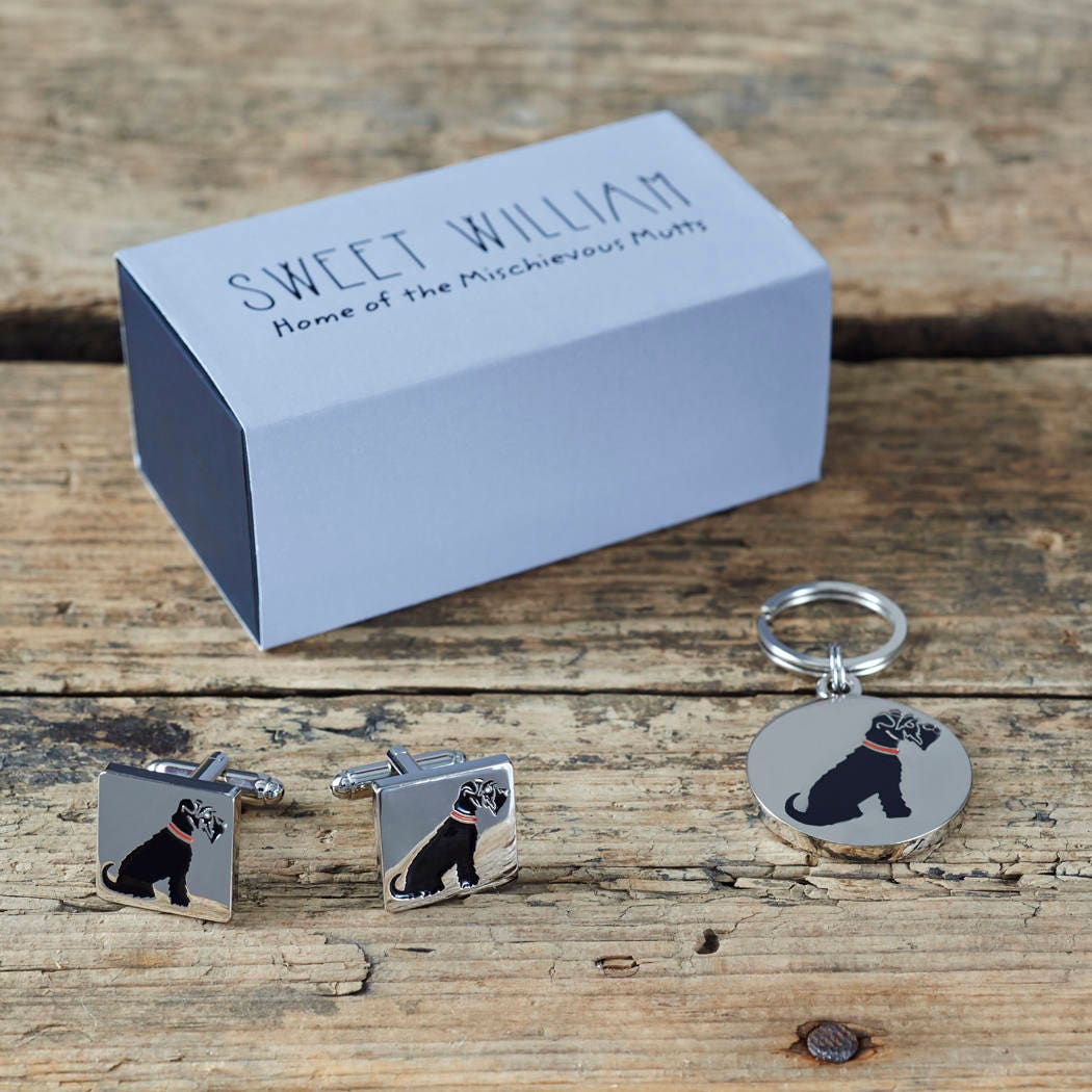Black Schnauzer cufflinks and dog tag set with Sweet William Designs gift box — silver-plated Daddy & Me gift for Black Schnauzer owners