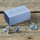 Grey Schnauzer cufflinks and dog tag set with Sweet William Designs gift box — silver-plated Daddy & Me gift for Grey Schnauzer owners
