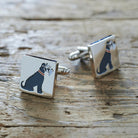 Pair of Grey Schnauzer cufflinks on rustic wood — silver-plated with illustrated Grey Schnauzer design, T-bar fastening, dog lover gift