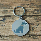 Close-up of Grey Schnauzer dog ID tag — silver-plated brass with illustrated Grey Schnauzer design, personalised dog tag by Sweet William Designs