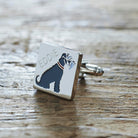 Close-up of personalised Grey Schnauzer cufflink engraved with name on rustic wood — silver-plated gift for Grey Schnauzer owners