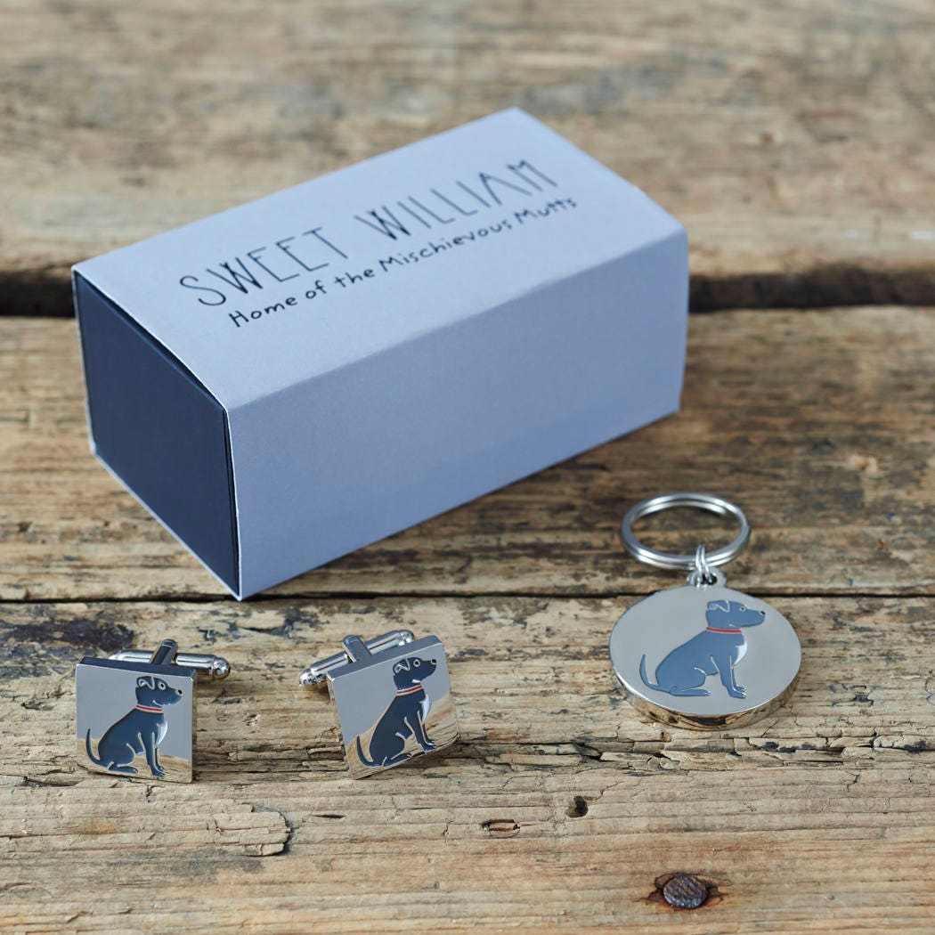 Staffie cufflinks and dog tag set with Sweet William Designs gift box — silver-plated Daddy & Me gift for Staffordshire Bull Terrier owners