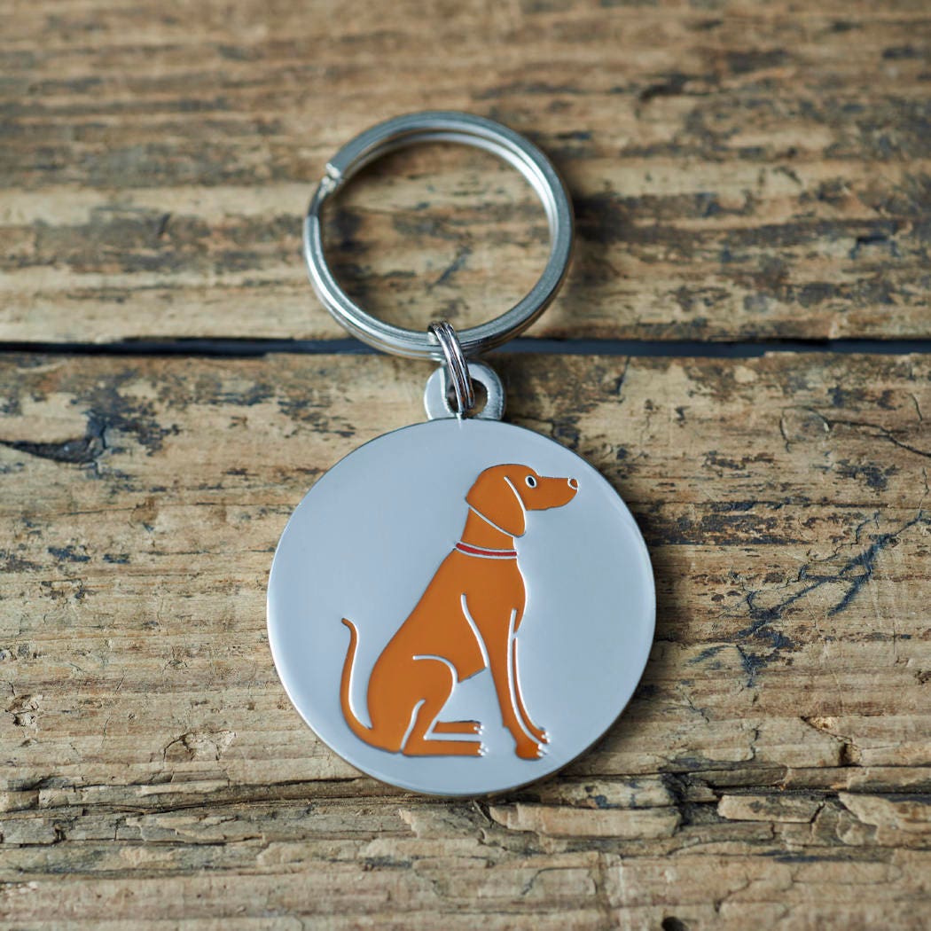 Close-up of Vizsla dog ID tag — silver-plated brass with illustrated Vizsla design, personalised dog tag by Sweet William Designs