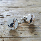 Pair of Yorkshire Terrier cufflinks on rustic wood — silver-plated with illustrated Yorkie design, T-bar fastening, dog lover gift