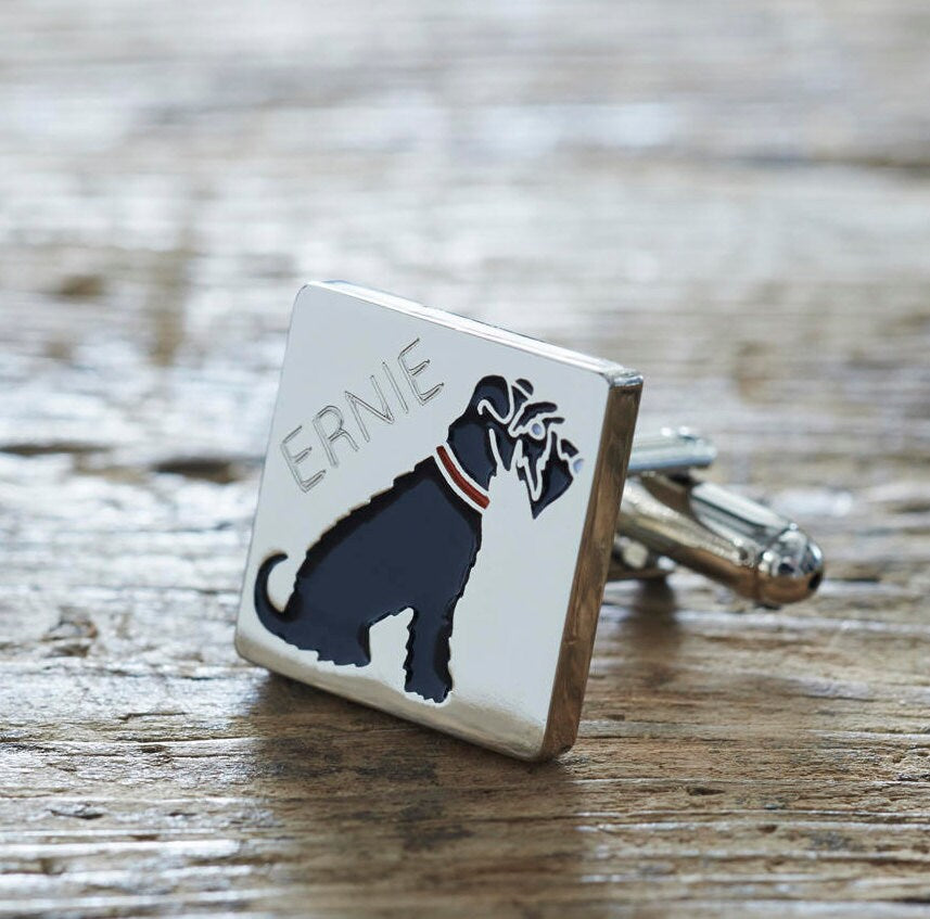 Close-up of personalised Black Schnauzer cufflink engraved with name — silver-plated brass, thoughtful gift for Schnauzer owners