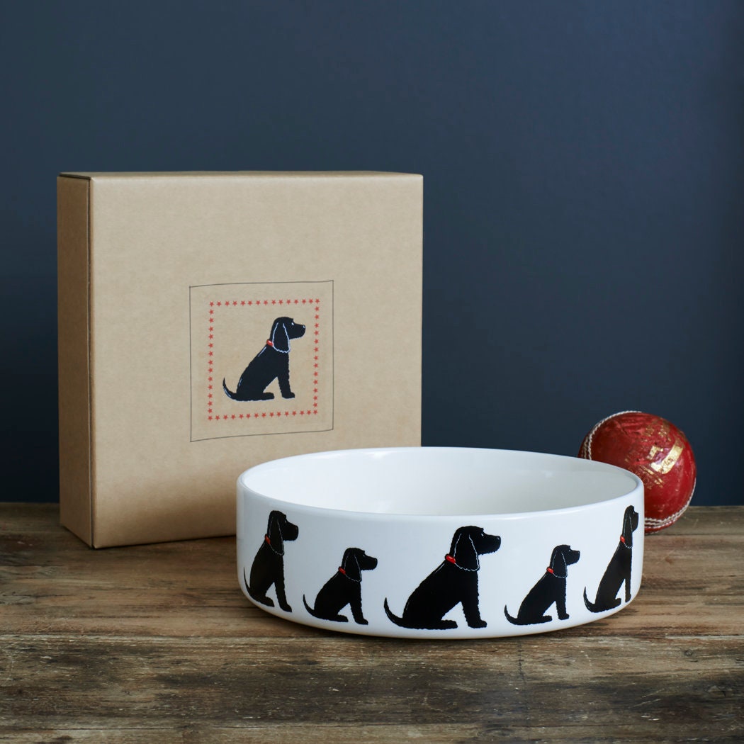 Black Cocker Spaniel ceramic dog bowl with kraft gift box — thoughtful gift for Cocker Spaniel lovers by Sweet William Designs