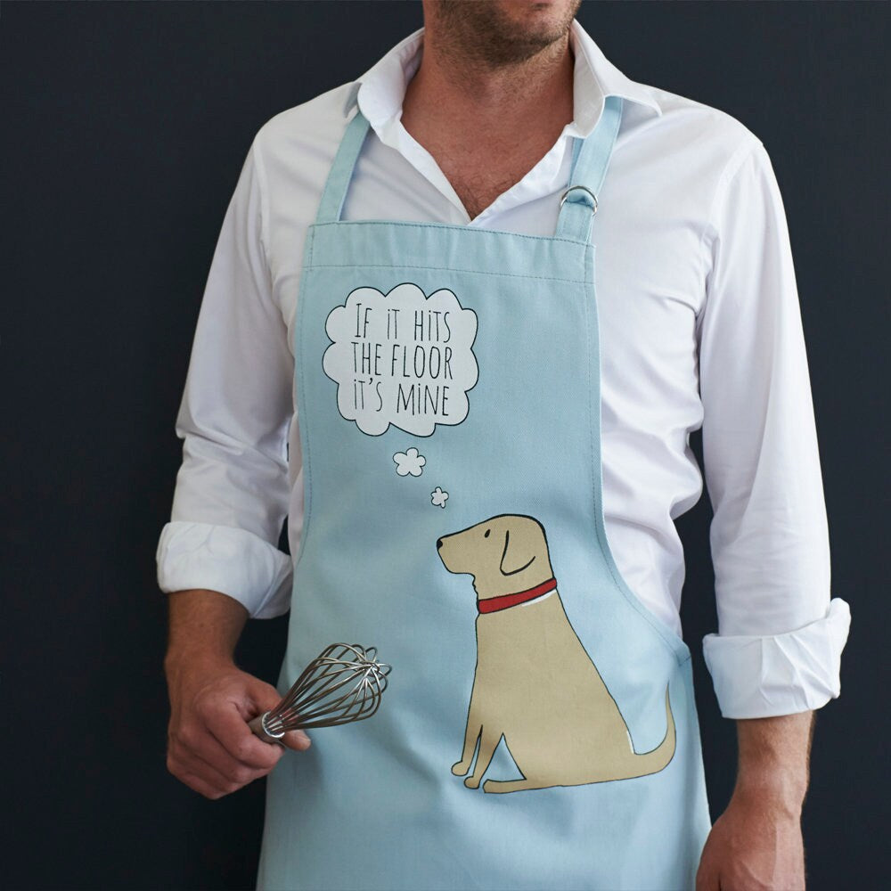 Yellow Labrador apron in organic cotton canvas with screen-printed “If it hits the floor it's mine” design — a gift for Yellow Lab lovers by Sweet William Designs