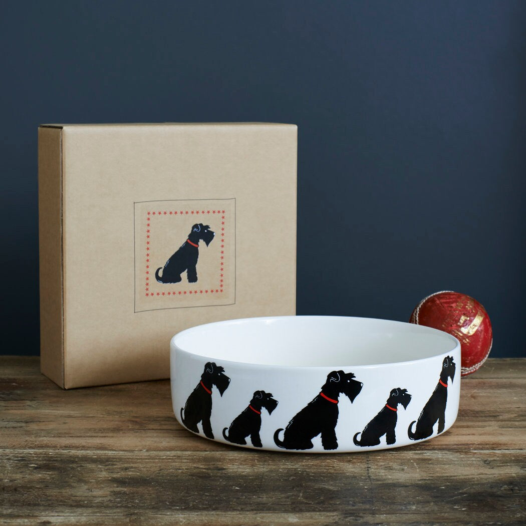 Black Schnauzer large dog bowl with kraft gift box — ceramic Schnauzer gift by Sweet William Designs