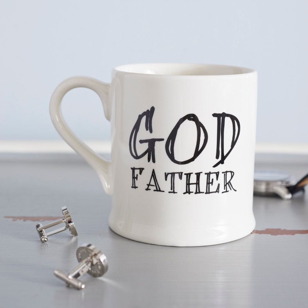 Ceramic Godfather mug styled with silver cufflinks, a thoughtful godparent gift from Sweet William Designs
