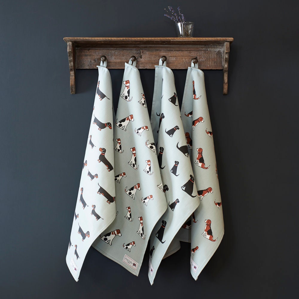 Four dog breed tea towels — organic cotton screen printed kitchen gifts for dog lovers by Sweet William Designs