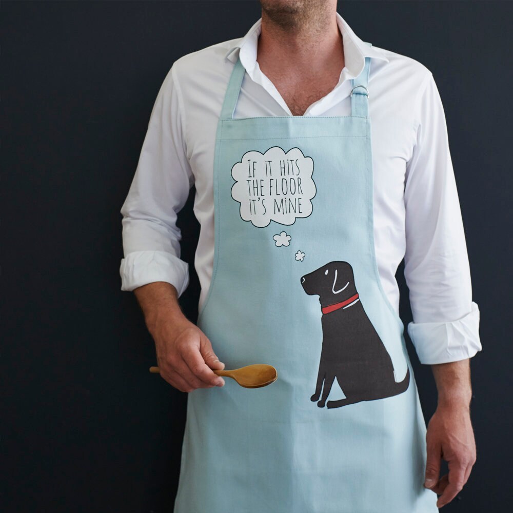 Chocolate Labrador apron in organic cotton canvas with screen-printed “If it hits the floor it's mine” design — a gift for Chocolate Lab lovers by Sweet William Designs