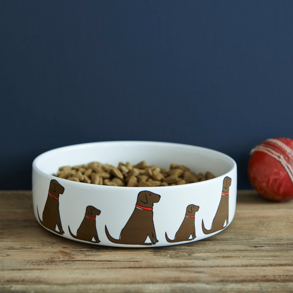 Chocolate Labrador ceramic dog bowl — illustrated Chocolate Lab design, dishwasher safe dog lover gift by Sweet William Designs