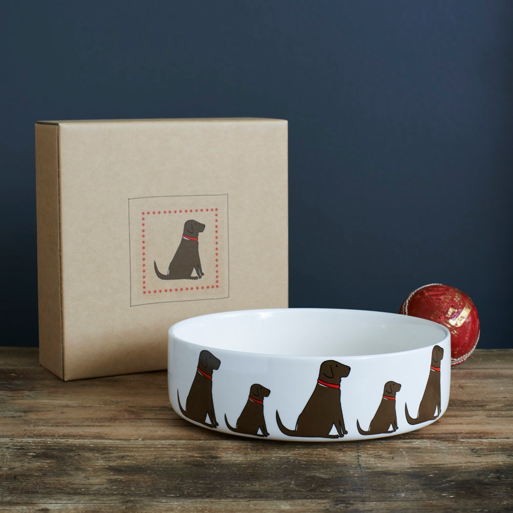 Chocolate Labrador dog bowl with kraft gift box — ceramic Chocolate Lab design, perfect gift for Chocolate Labrador lovers by Sweet William Designs