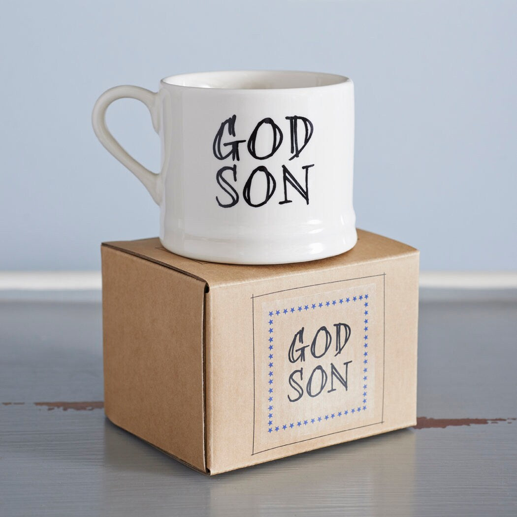 Ceramic “God Son” mug displayed on its kraft gift box, a lovely godson gift