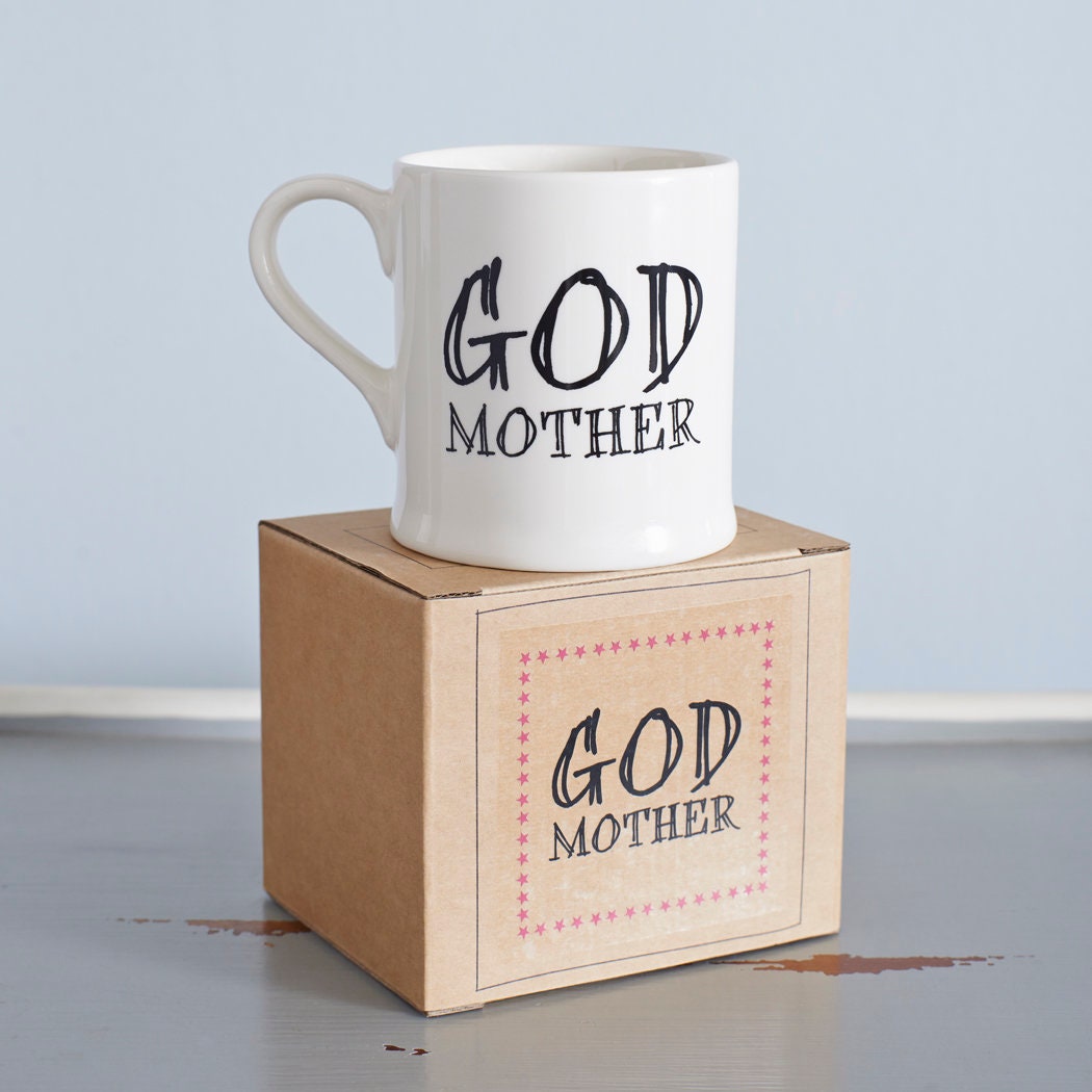 Ceramic Godmother mug displayed on its kraft gift box, a thoughtful godparent gift