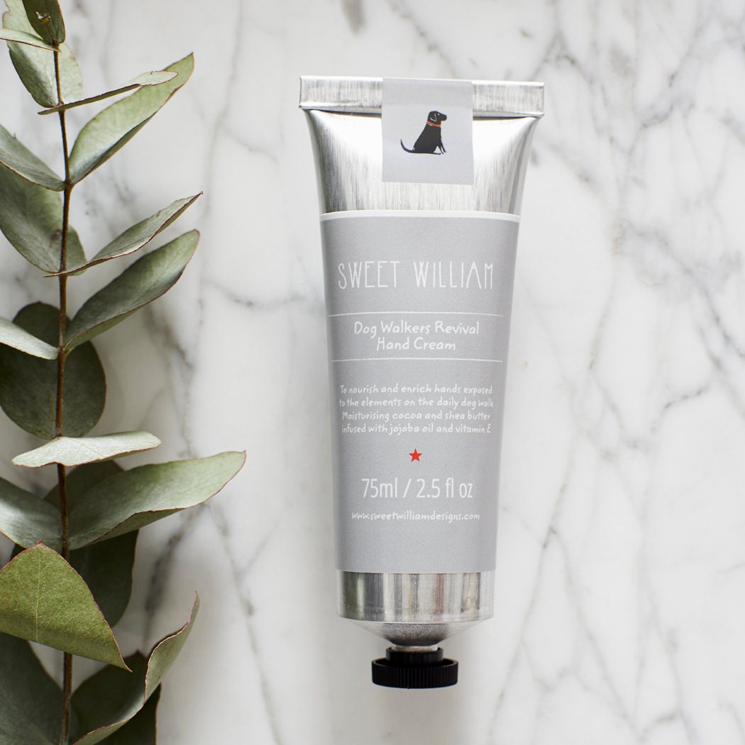 Close-up of Dog Walkers Revival Hand Cream front label — thoughtful gift for dog lovers by Sweet William Designs